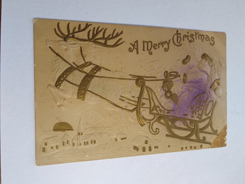 1910 Embossed Santa & Reindeer Sleigh Christmas Postcard, Creswell Oregon